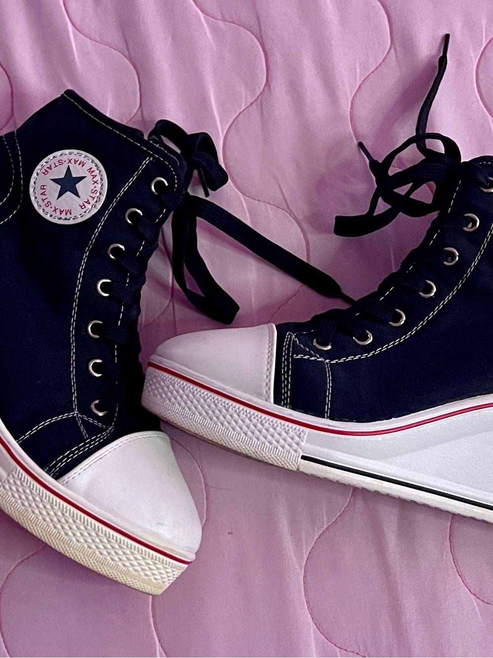Converse Inspired Women’s High-Top Wedge Sneakers in Black and White
